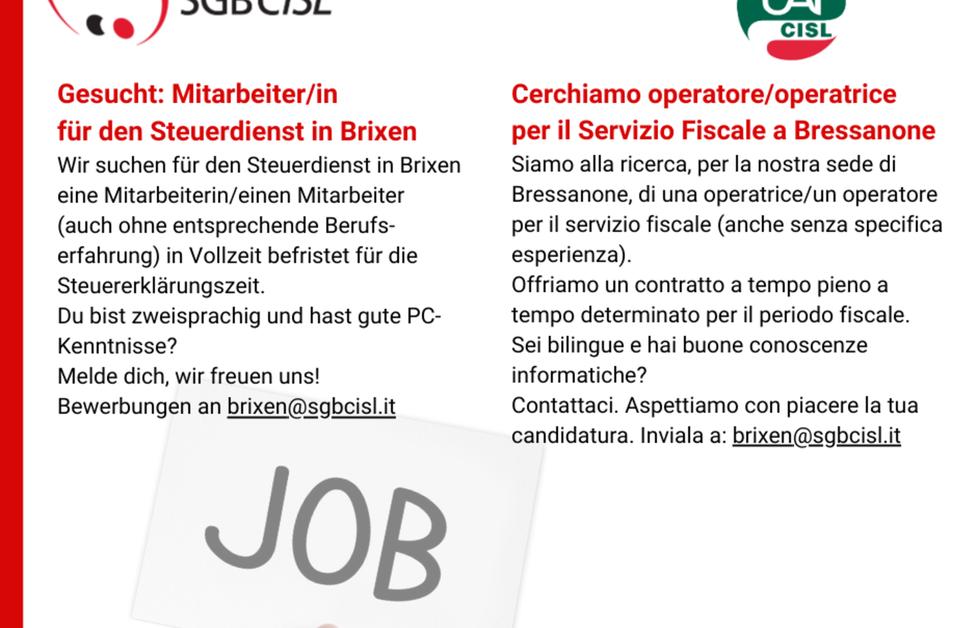 Mitarbeiter/innen für Brixen und Bruneck gesucht