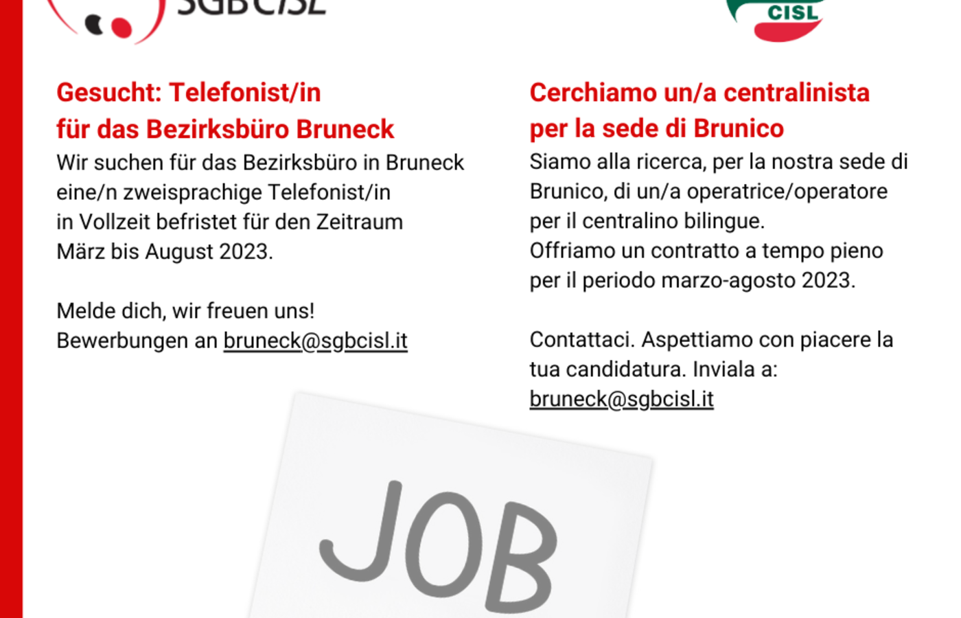 Mitarbeiter/innen für Brixen und Bruneck gesucht